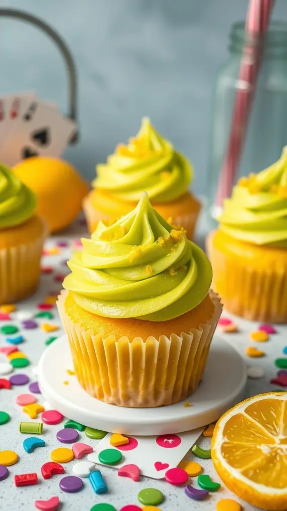 Colorful citrus cupcakes with green frosting and yellow sprinkles