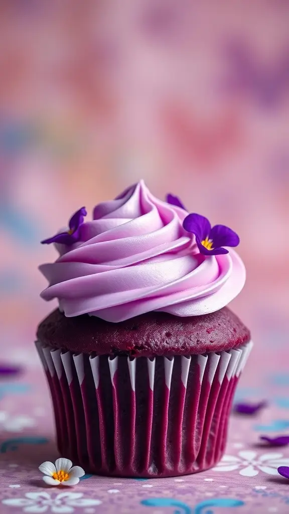 A colorful violet velvet cupcake topped with lavender frosting and edible flowers.