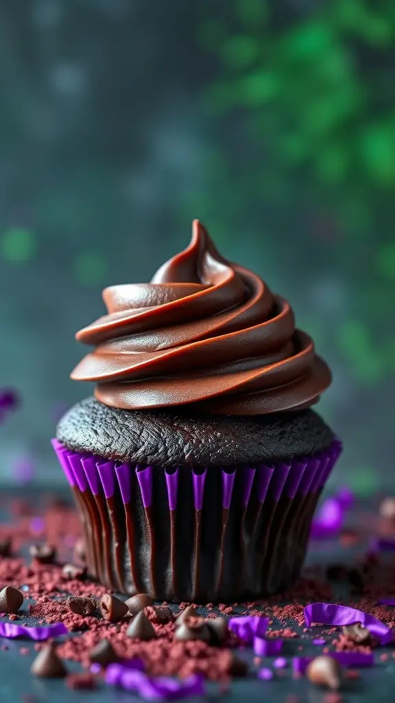 A decadent chocolate cupcake with swirled frosting and purple liner.