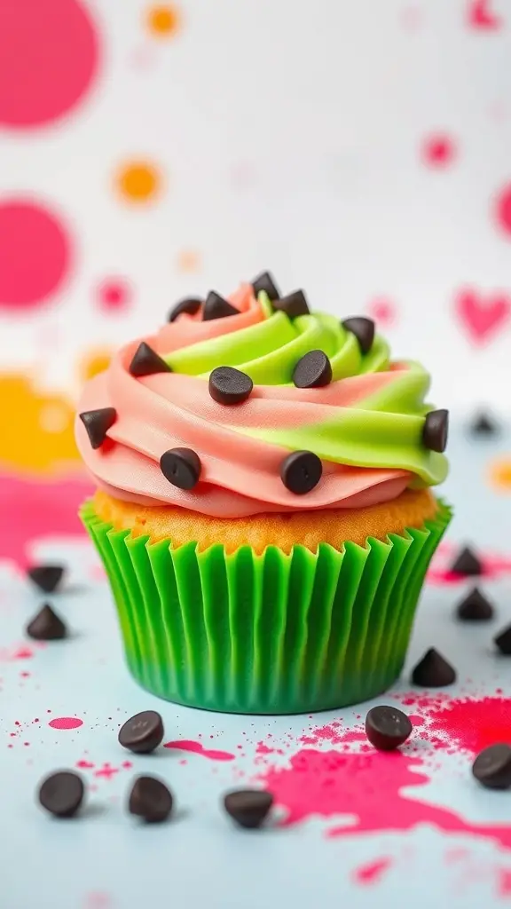 Colorful cupcake with green and pink frosting, decorated with chocolate chips, on a colorful background.
