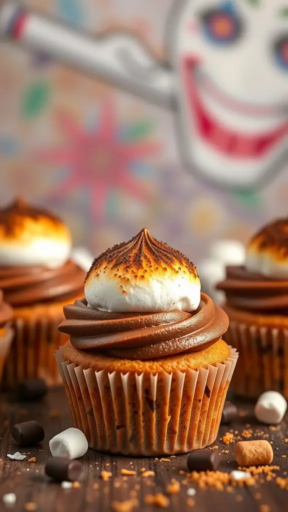 Colorful S'Mores Cupcakes with toasted marshmallow topping