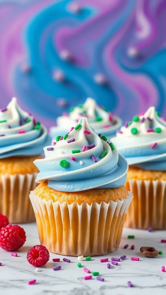 Electric blue raspberry cupcakes with colorful frosting and sprinkles