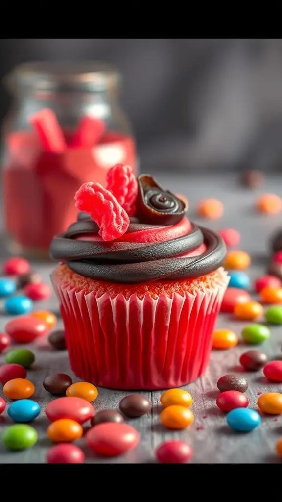 Colorful cupcakes with red licorice and chocolate frosting