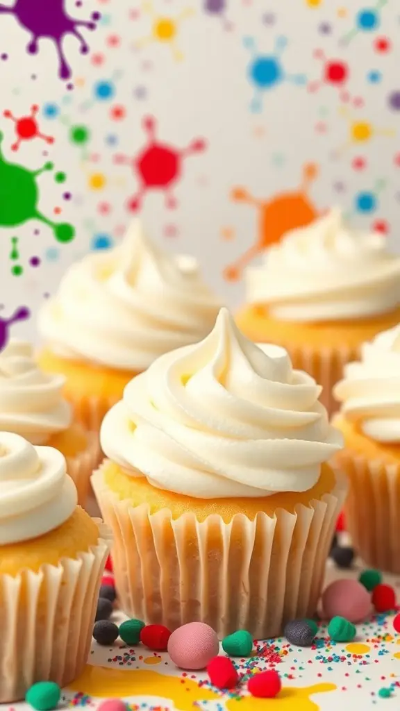 Colorful cupcakes with whipped white chocolate frosting on a vibrant background