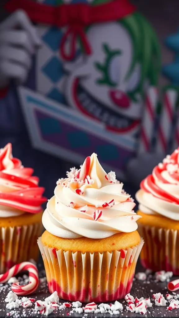 Colorful cupcakes with peppermint frosting and crushed candy canes, inspired by the Joker.