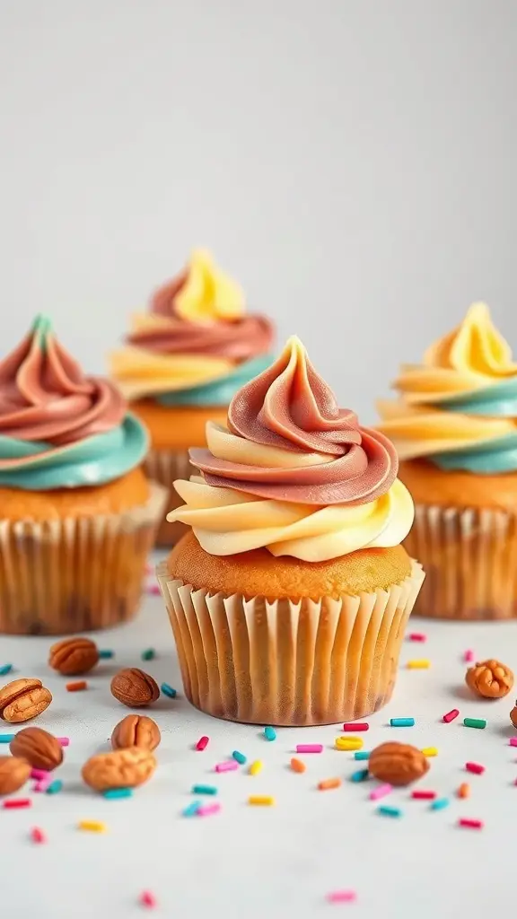 Colorful cupcakes with swirled frosting in various colors, topped with nuts and sprinkles.