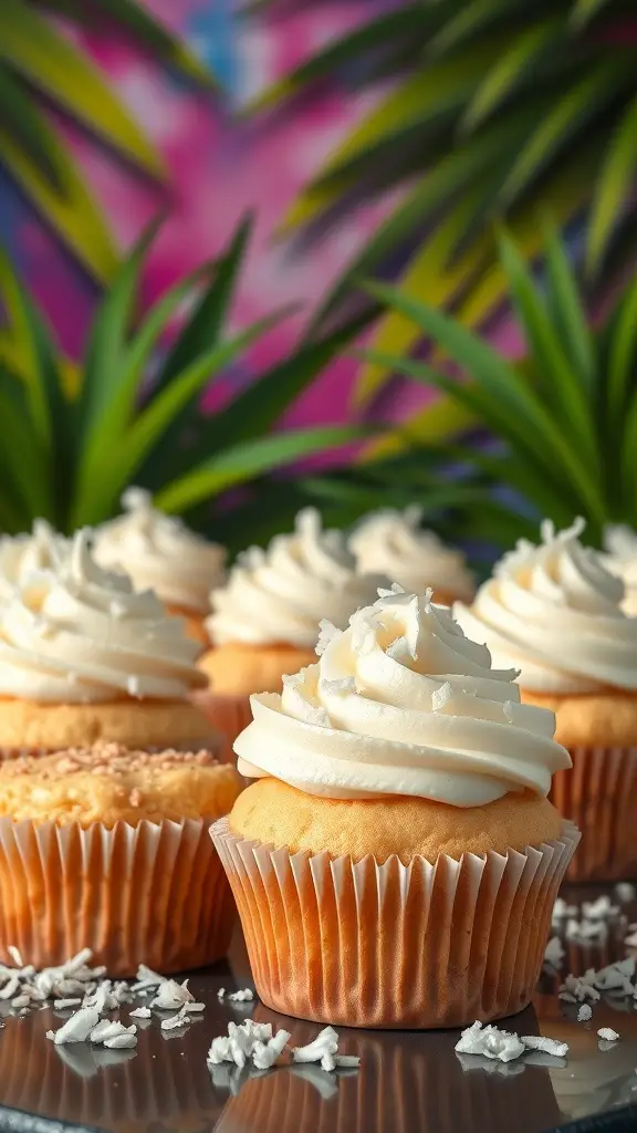 Colorful cupcakes with coconut frosting and shredded coconut on top, set against a vibrant tropical background.