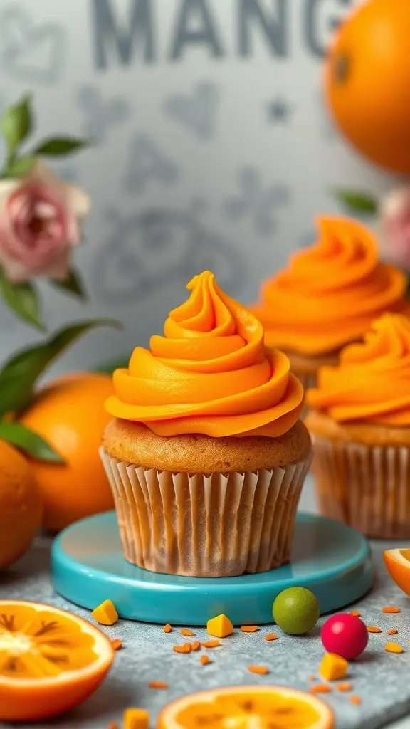 Colorful mango cupcakes with vibrant orange frosting and fresh mango slices