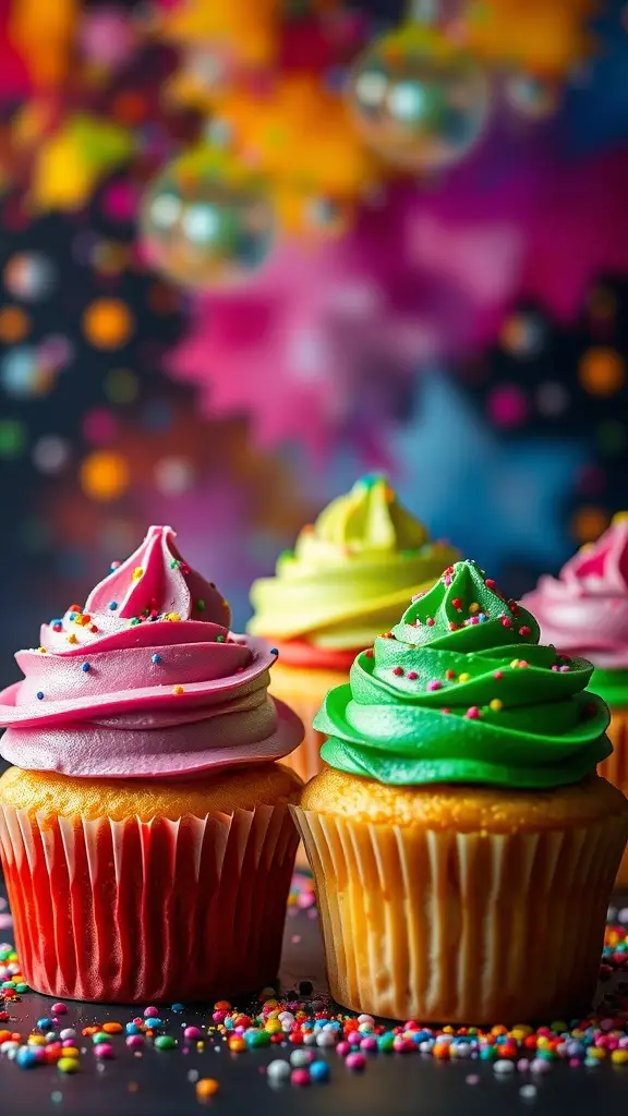 Colorful cupcakes with vibrant frosting and sprinkles