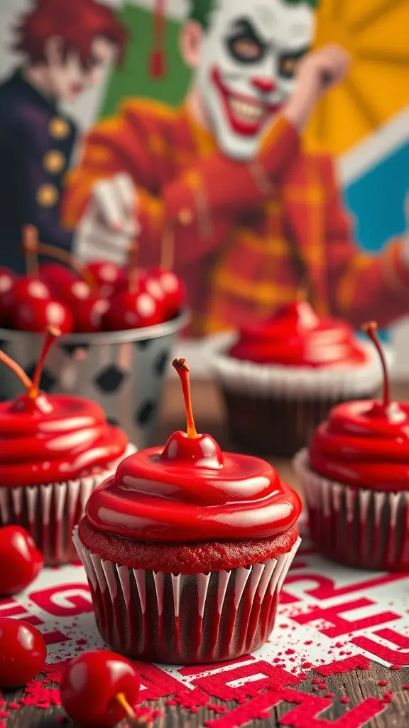 Colorful Cherry Bomb Cupcakes with red frosting and cherries on top