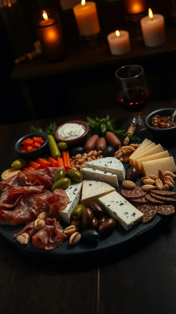 A beautifully arranged charcuterie board featuring cheeses, cured meats, olives, figs, and gold-dusted nuts, set against a dark, moody background.