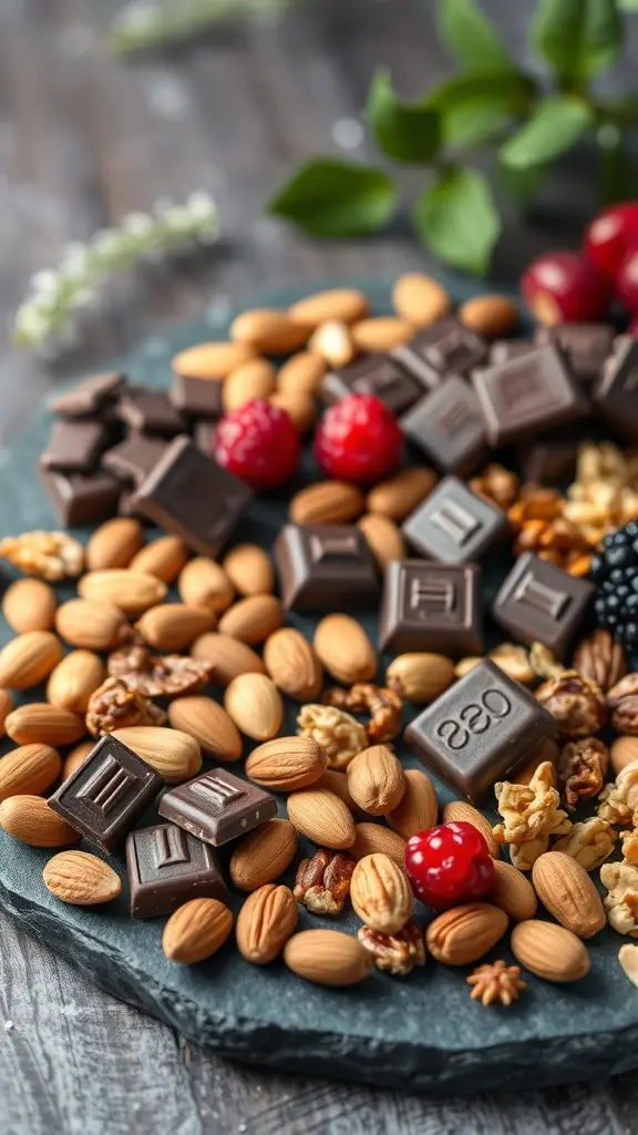 A medley of dark chocolate pieces, assorted nuts, and dried cherries on a slate board.