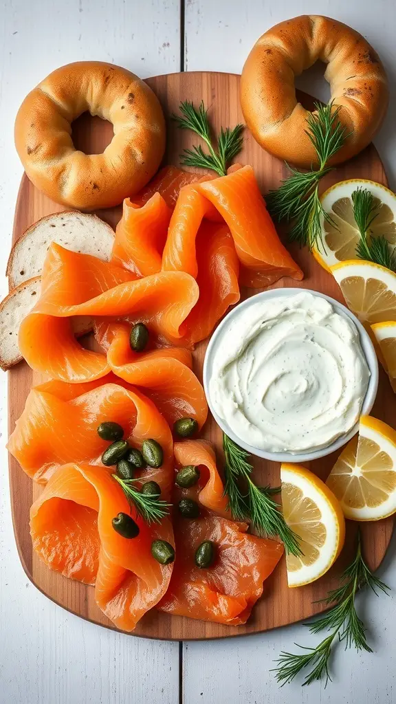 A charcuterie board featuring smoked salmon, cream cheese, bagels, lemon slices, capers, and dill.