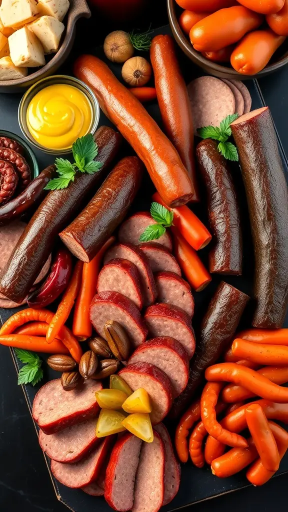 A charcuterie board featuring a variety of spicy sausages, bold cheeses, olives, figs, and gold-dusted nuts.