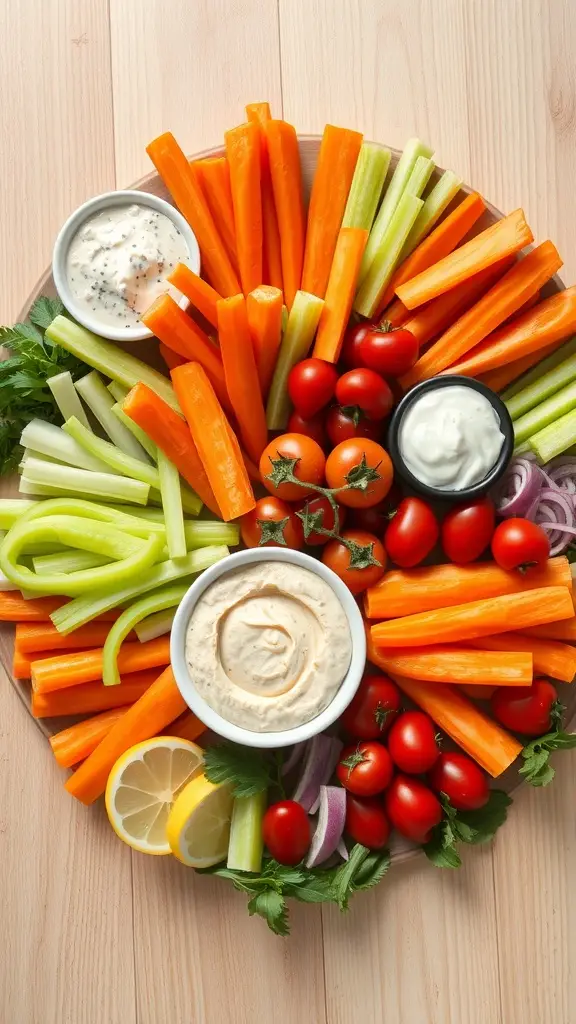 A vibrant charcuterie board featuring fresh vegetables like carrots, celery, and cherry tomatoes, accompanied by dips.