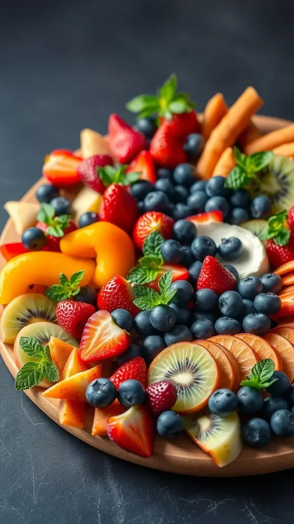 A vibrant seasonal fruit display featuring strawberries, blueberries, kiwi, cantaloupe, and peaches arranged on a wooden platter with fresh mint leaves.