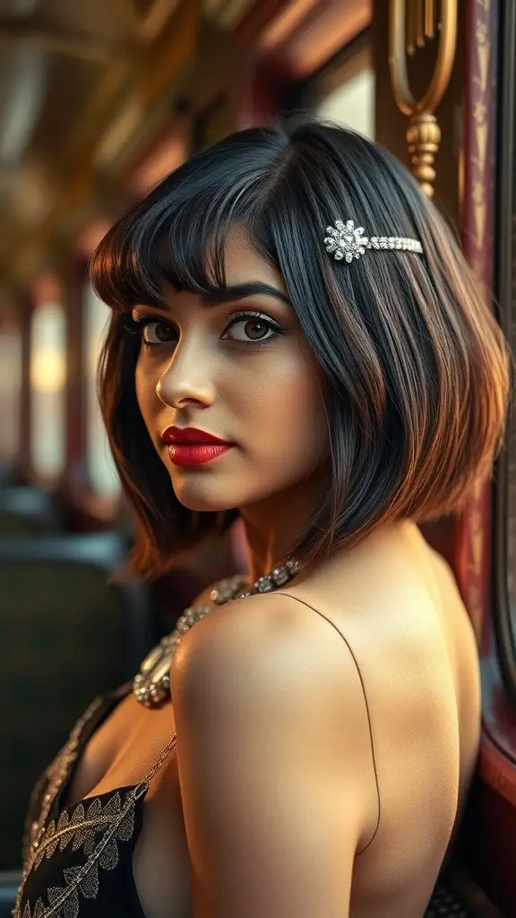 A model with a sleek brunette bob hairstyle adorned with a diamond slide, showcasing a glamorous look.