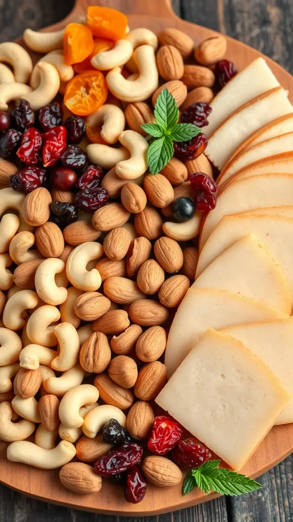 A beautifully arranged charcuterie board featuring a variety of nuts, dried fruits, and slices of cheese.