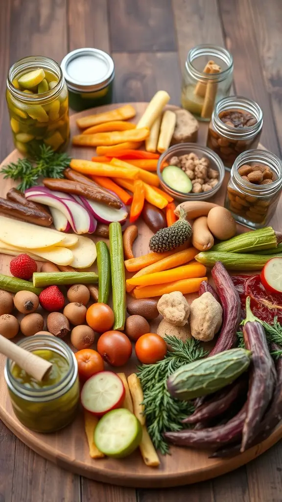 A vibrant charcuterie board featuring pickled vegetables, cured meats, bold cheeses, olives, figs, and gold-dusted nuts.