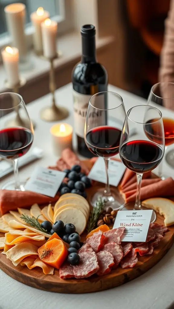 A beautifully arranged charcuterie board with cheeses, cured meats, olives, figs, and wine glasses.