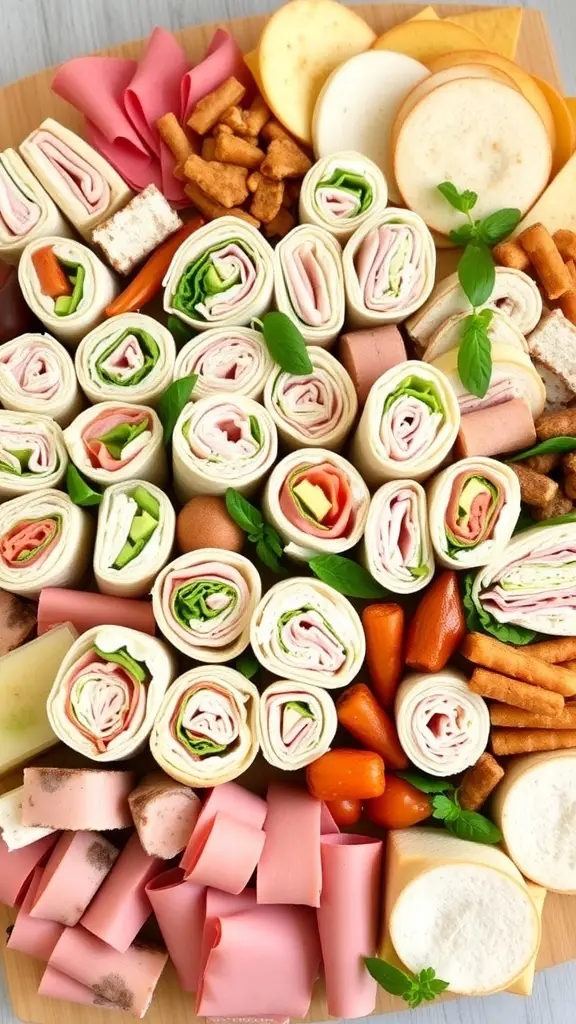A colorful charcuterie board featuring mini sandwiches and wraps with fresh vegetables and meats.