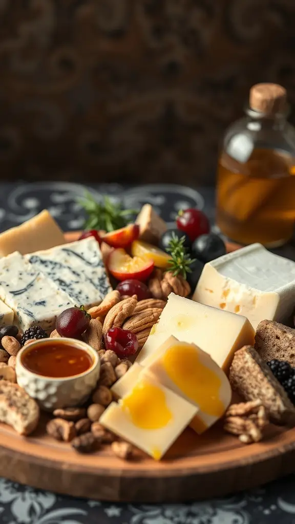 A gourmet charcuterie board featuring a variety of cheeses, cured meats, olives, figs, and gold-dusted nuts.