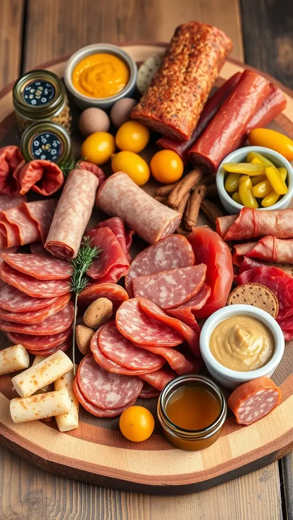 A beautifully arranged charcuterie board featuring assorted cured meats, bold cheeses, olives, figs, and gold-dusted nuts.