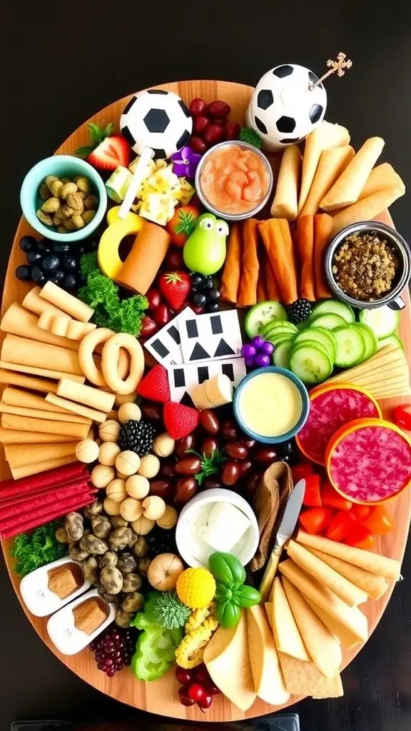 A whimsical charcuterie board featuring cheeses, cured meats, olives, figs, gold-dusted nuts, and sweets arranged in a playful manner.