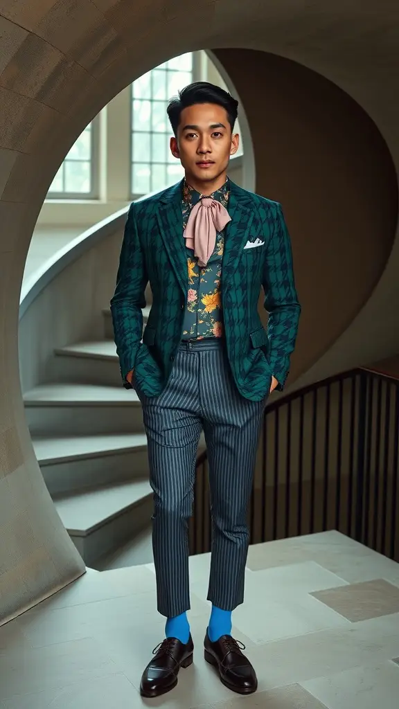 A man in a bold green patterned blazer, floral shirt, pinstriped trousers, and blue socks stands confidently in a stylish setting.