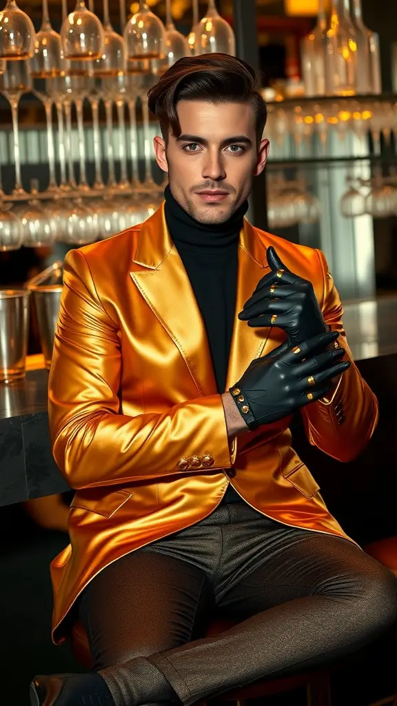 A stylish man in a shiny golden blazer and black gloves, exuding confidence and sophistication.