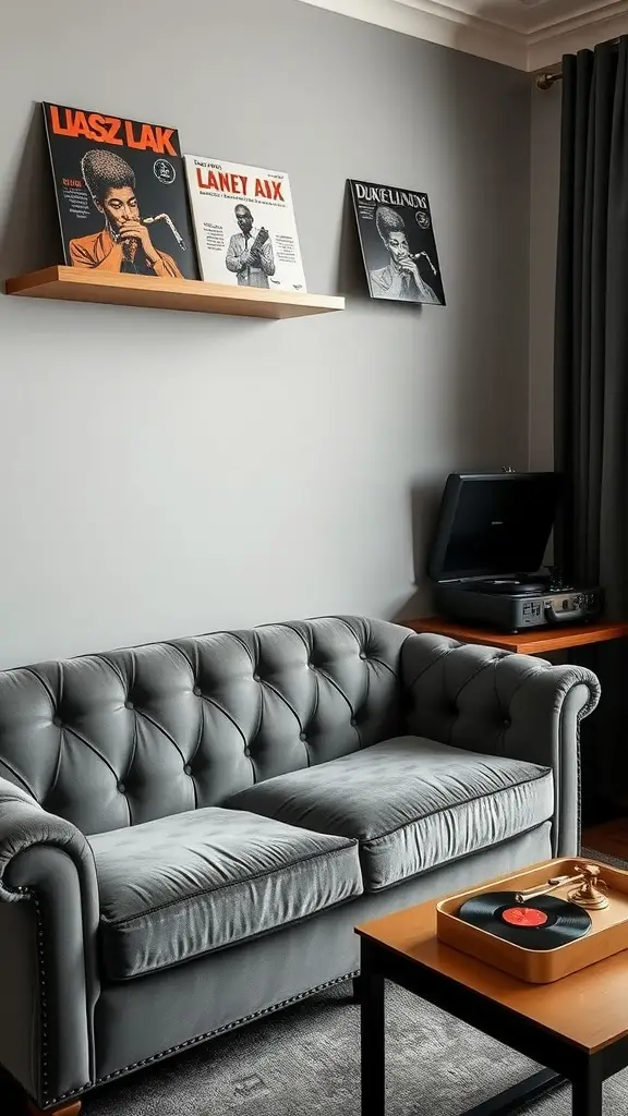 A tuxedo grey couch with tufted design in a living room, accompanied by jazz vinyl records on the wall and a record player.
