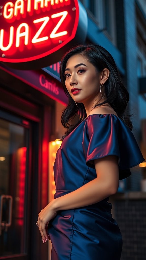 A woman in a sleek satin dress stands in front of a neon jazz club sign, embodying dark glamour and avant-garde fashion.