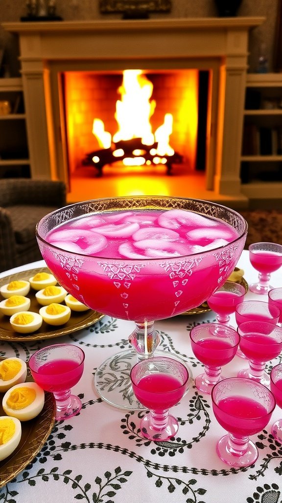 A vibrant pink punch in a decorative bowl, garnished with cherries and mint leaves.