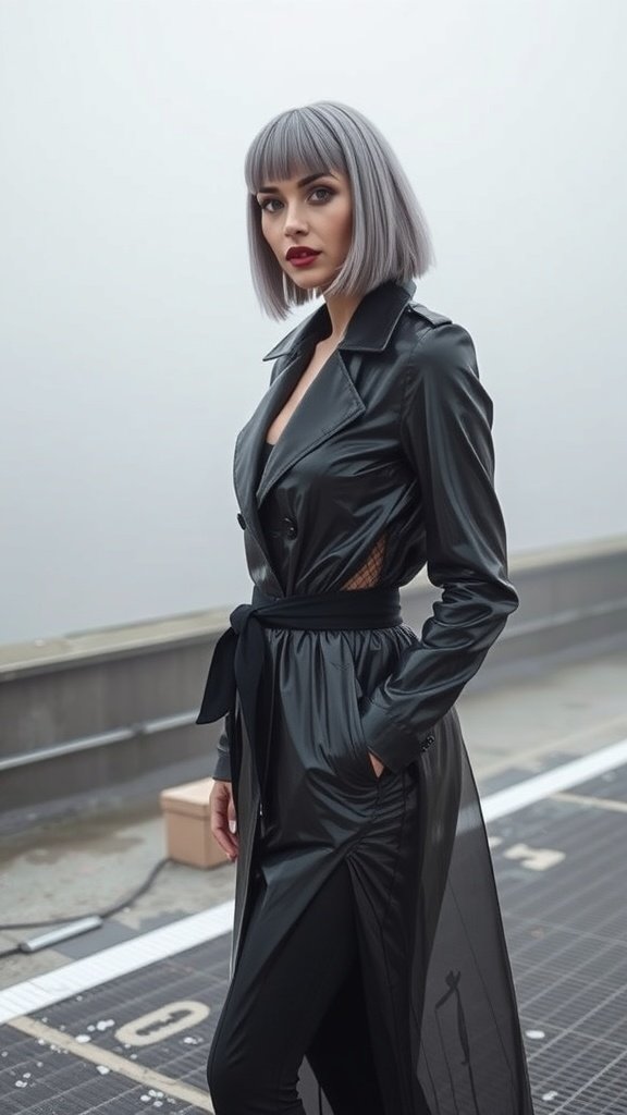 A model wearing a glossy black trench coat, showcasing a bold and edgy fashion style.