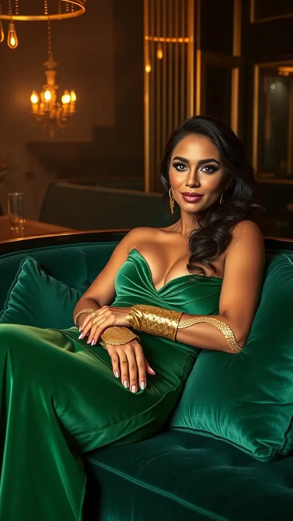 A woman in a deep green velvet dress with gold accessories, sitting on a plush green couch in an elegant setting.
