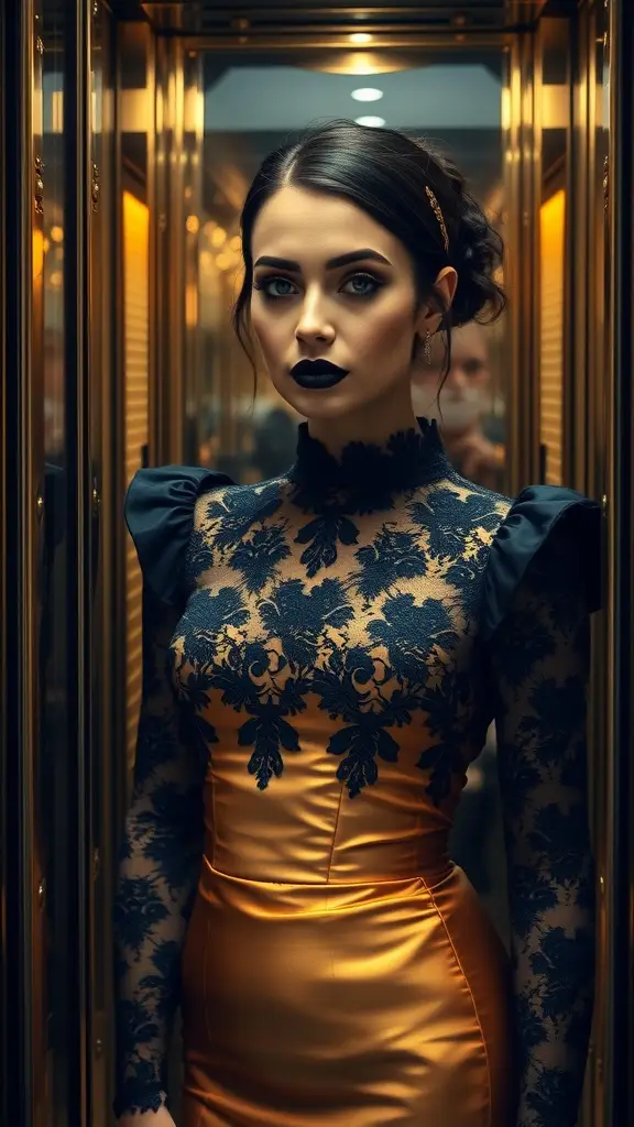 A model in a striking dress with lace detailing and a gold satin base, exuding dark glamour.