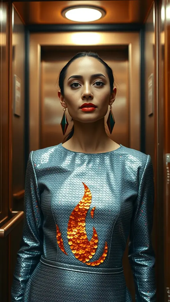 A model wearing a blue sequined dress with a flame design, standing in an elevator.