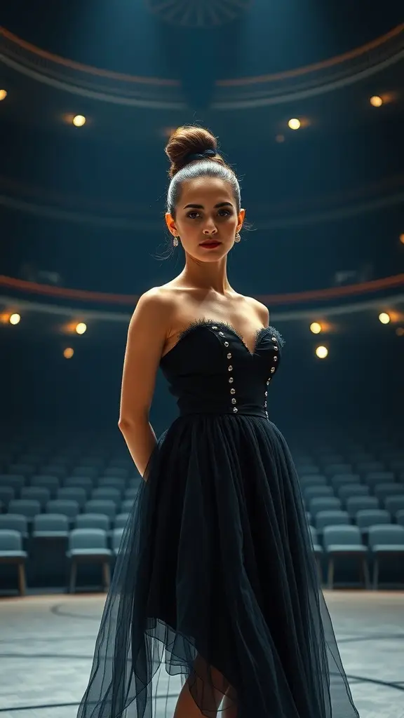A model in a black dress with a fitted bodice and tulle skirt, standing confidently in a dimly lit theater.