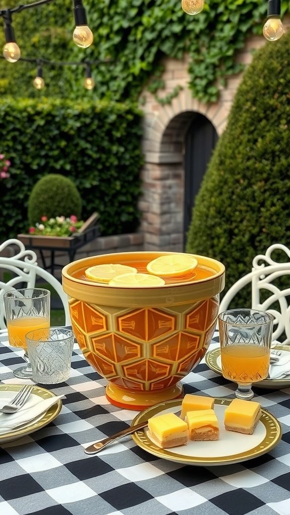 A vibrant punch bowl filled with a tropical drink, garnished with slices of pineapple and mint leaves, set on a checkerboard garden table.