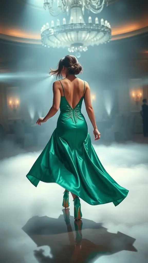 A woman in a flowing emerald dress with a backless design, walking away in a glamorous setting with a chandelier.