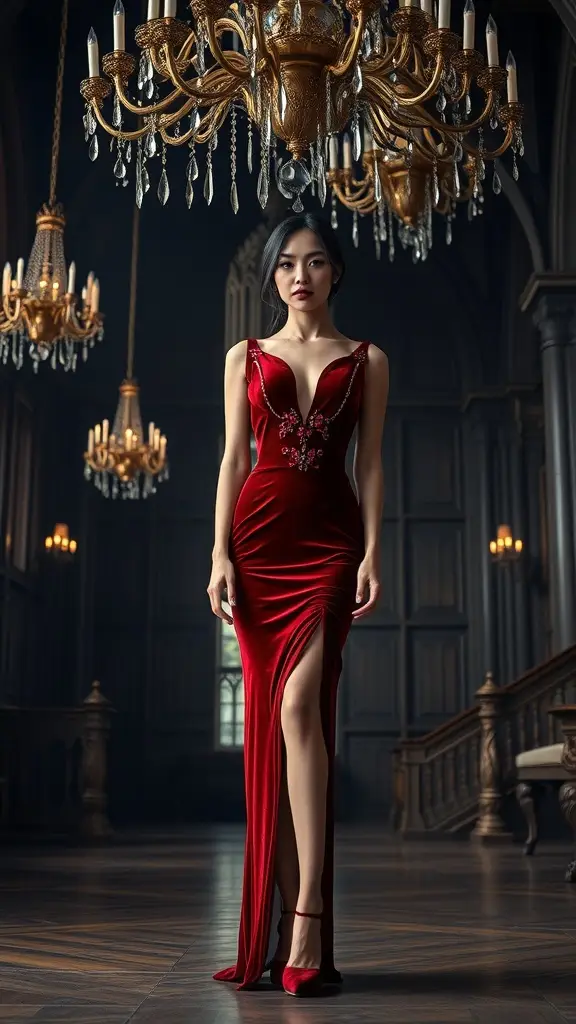 A woman in a stunning red dress with a daring slit, standing in an opulent room with chandeliers.