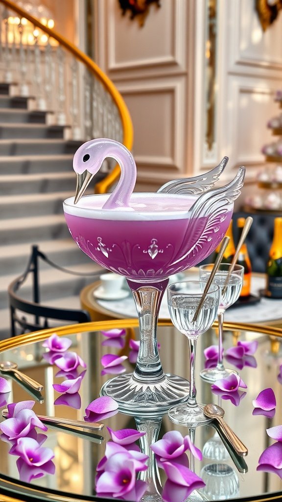 A swan bowl filled with Lavender Gin Fizz cocktail surrounded by flower petals.