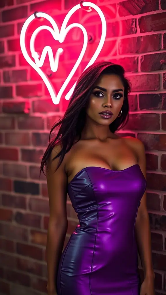 A woman wearing a shiny purple strapless dress stands in front of a neon heart sign on a brick wall.