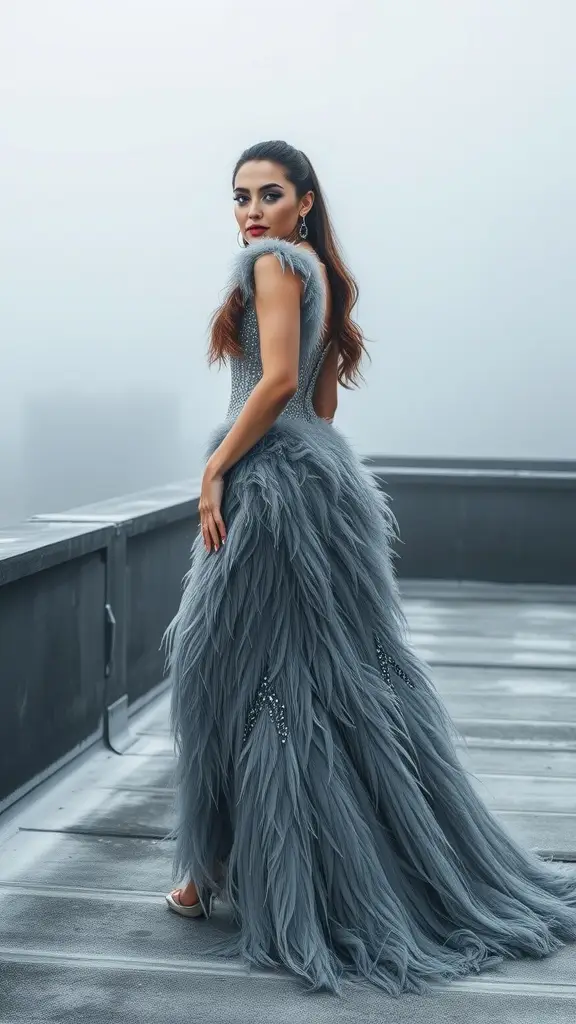 A model wearing a dramatic gray feathered gown, showcasing dark glamour and avant-garde fashion.