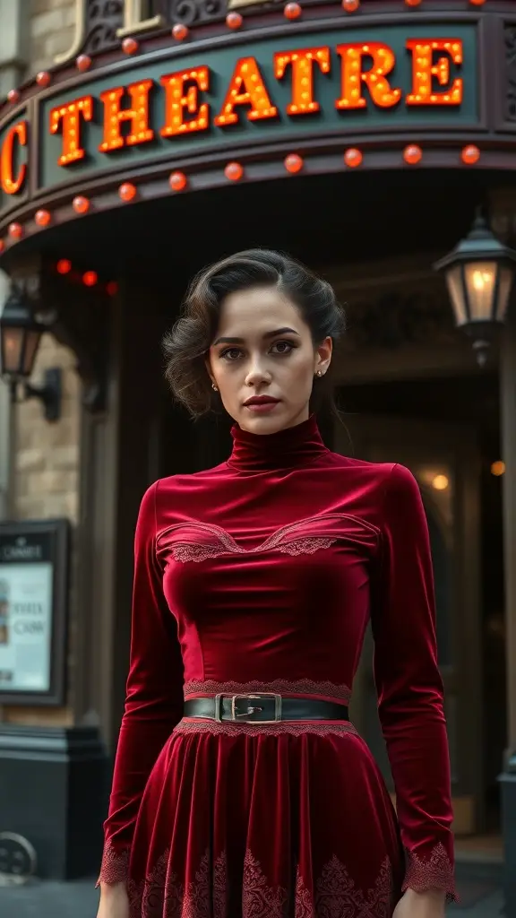 A model wearing a deep red velvet dress with a high neckline and lace detailing, standing in front of a theater with bright marquee lights.