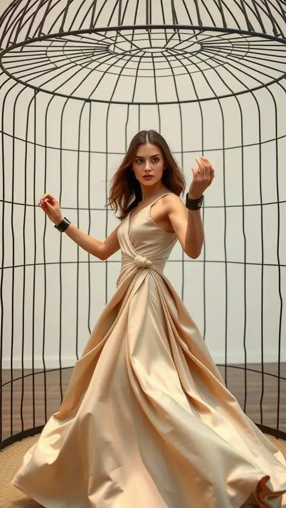 A model in a golden gown standing inside a cage-like structure, showcasing a blend of elegance and avant-garde fashion.