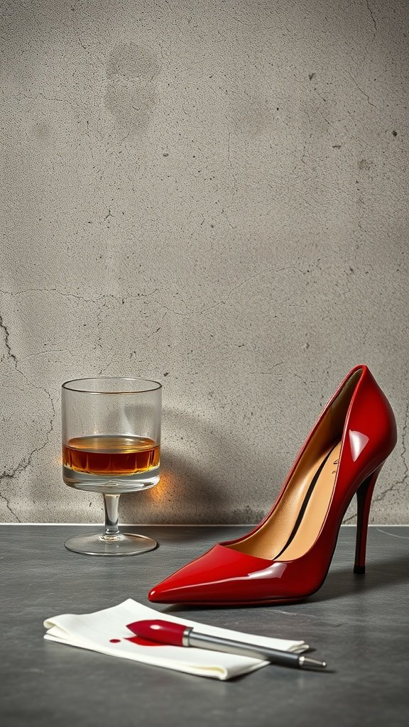 A pair of red stilettos on a concrete surface next to a glass of whiskey and a napkin with a splash of red.