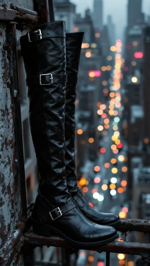 A pair of stylish black boots with buckles on a fire escape, overlooking a city skyline at dusk.