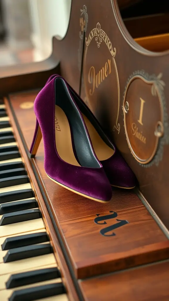 A pair of purple velvet heels resting on piano keys.
