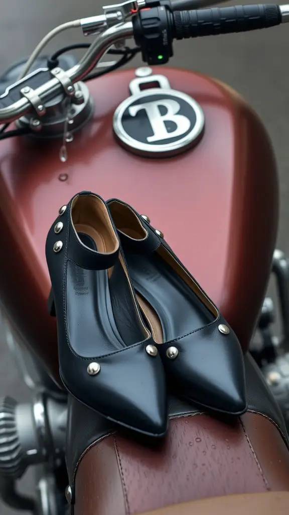 A pair of black studded pumps on a motorcycle seat, showcasing a blend of elegance and edge.